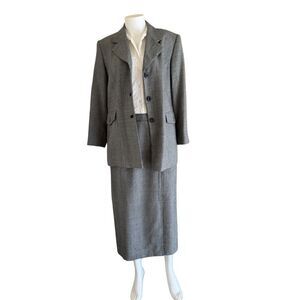 Conrad C Collection 100% wool 2 pc set blazer skirt  black white houndstooth L 1